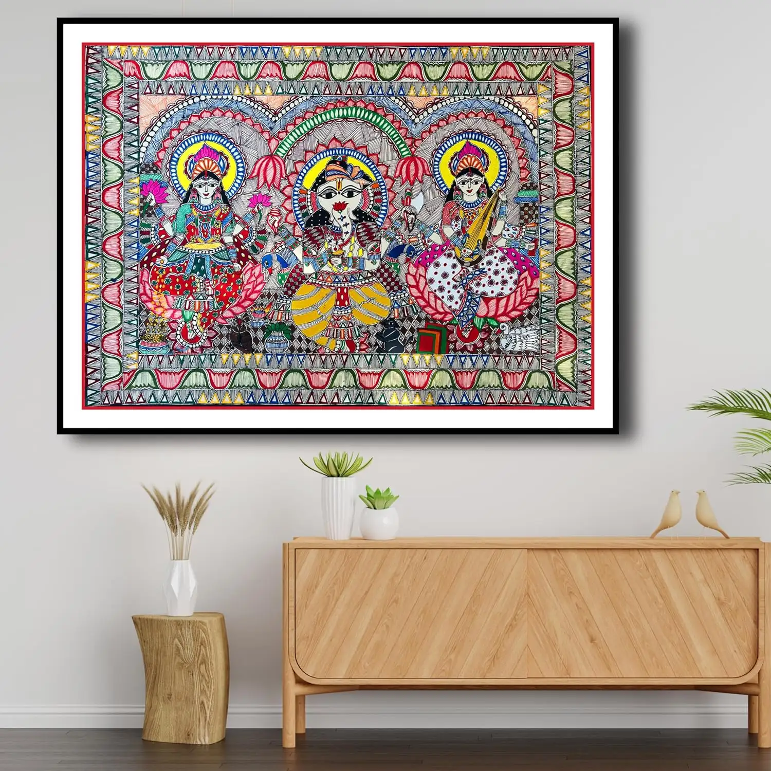 Artdarshan Madhubani Art Painting | Handmade Laxmi Ganesh Saraswati Design – Traditional Wall Decoration for Living Room, Bedroom & Office